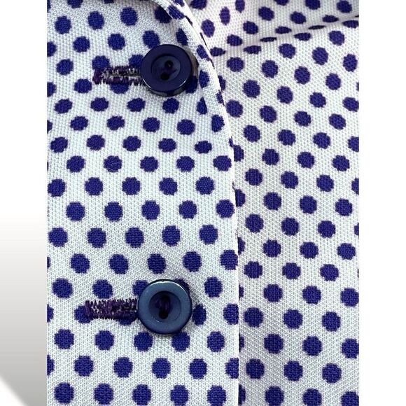70’s Vintage White & Navy Dot Polyester Button Down Long Sleeve Shirt Top XL 16 - Picture 3 of 8
